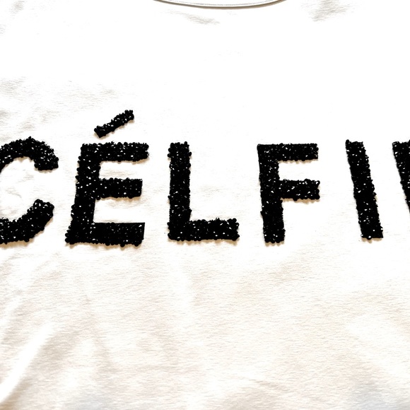 CÉLFIE in black beaded letters on white t-shirt Top - white stretchy fabric - Picture 4 of 14